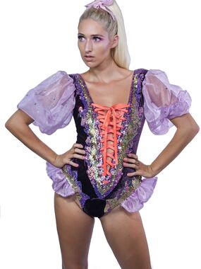 Lavender Sequin Circus Jackalope Land Puff-Sleeve Lace-Up Bodysuit